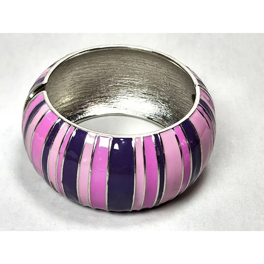 Clamper Cuff Bracelet Silver Tone Pink Purple Metal Chunky Domed 2